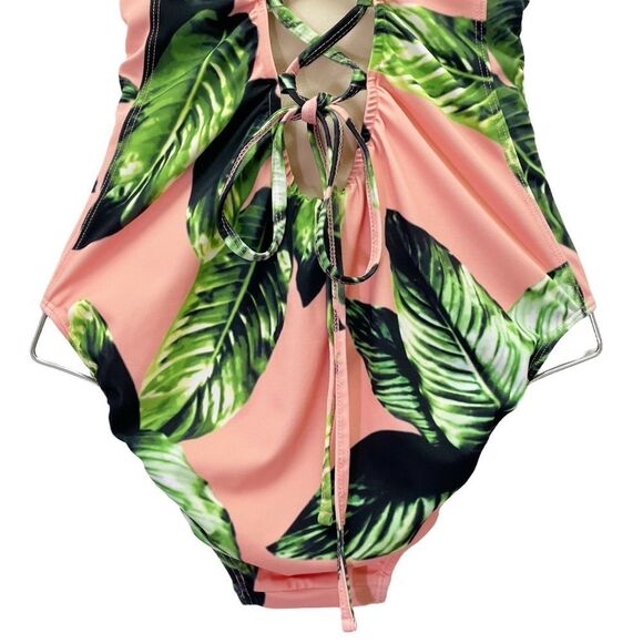 Albion Waikiki One Piece Swimsuit Pink Green Leaf Print Lace Up Back Size Medium - Picture 9 of 14